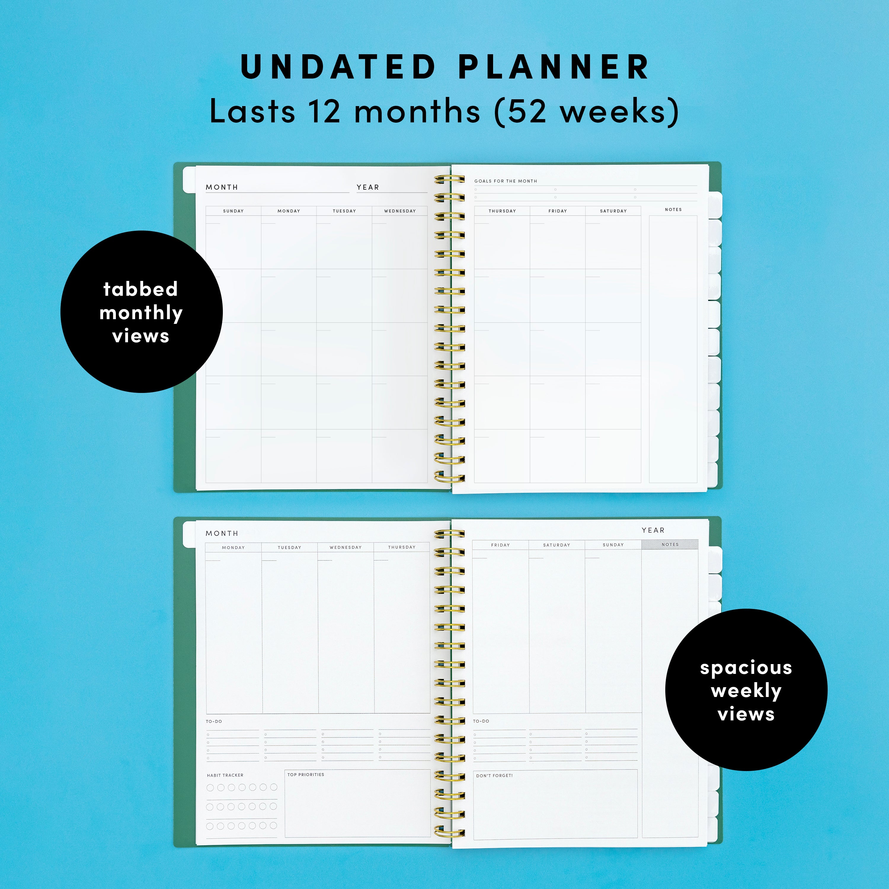 Undated Weekly & Monthly Planner, Spiral Bound, Hardcover (7.5 in x 9 in)