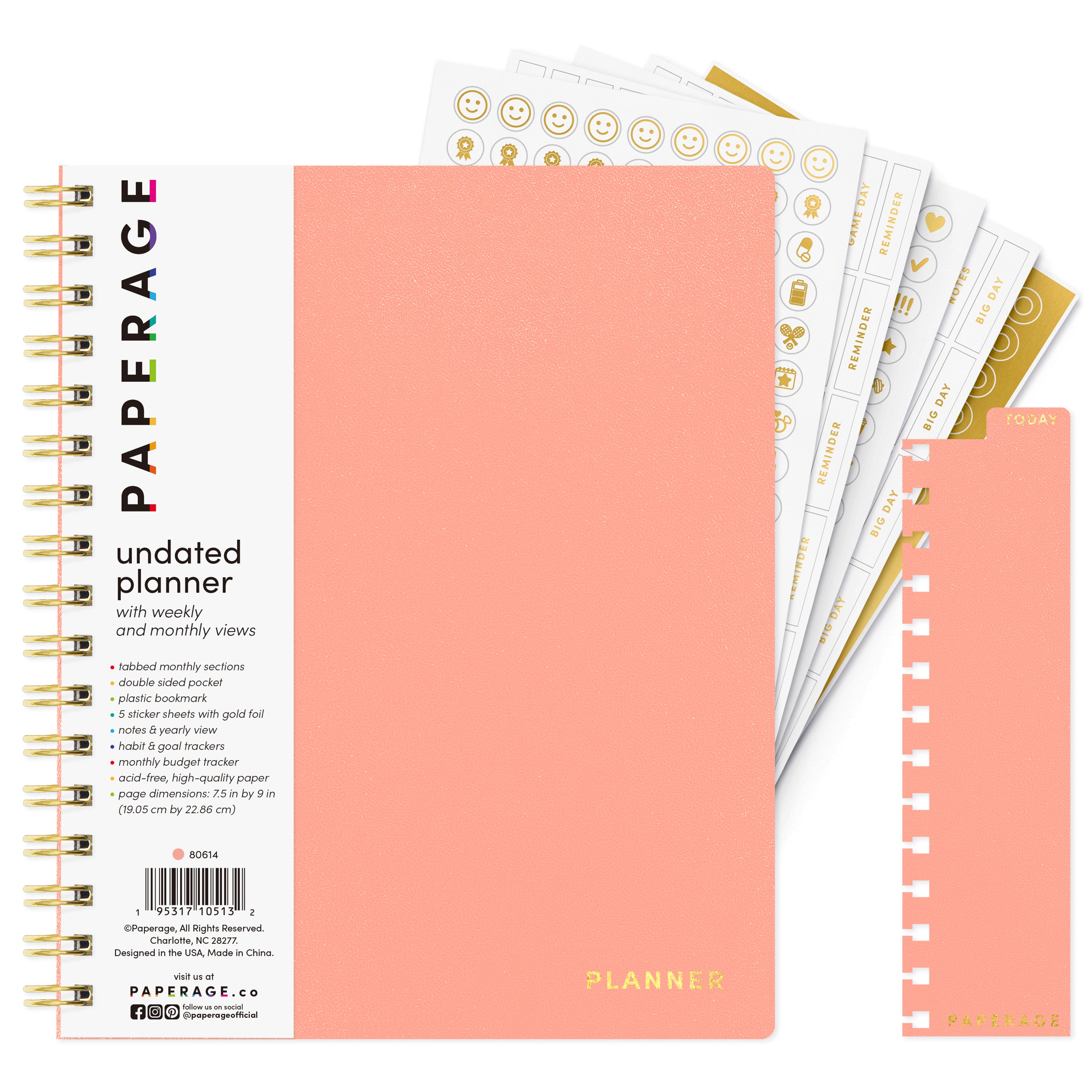 Undated Weekly & Monthly Planner, Spiral Bound, Hardcover (7.5 in x 9 in)