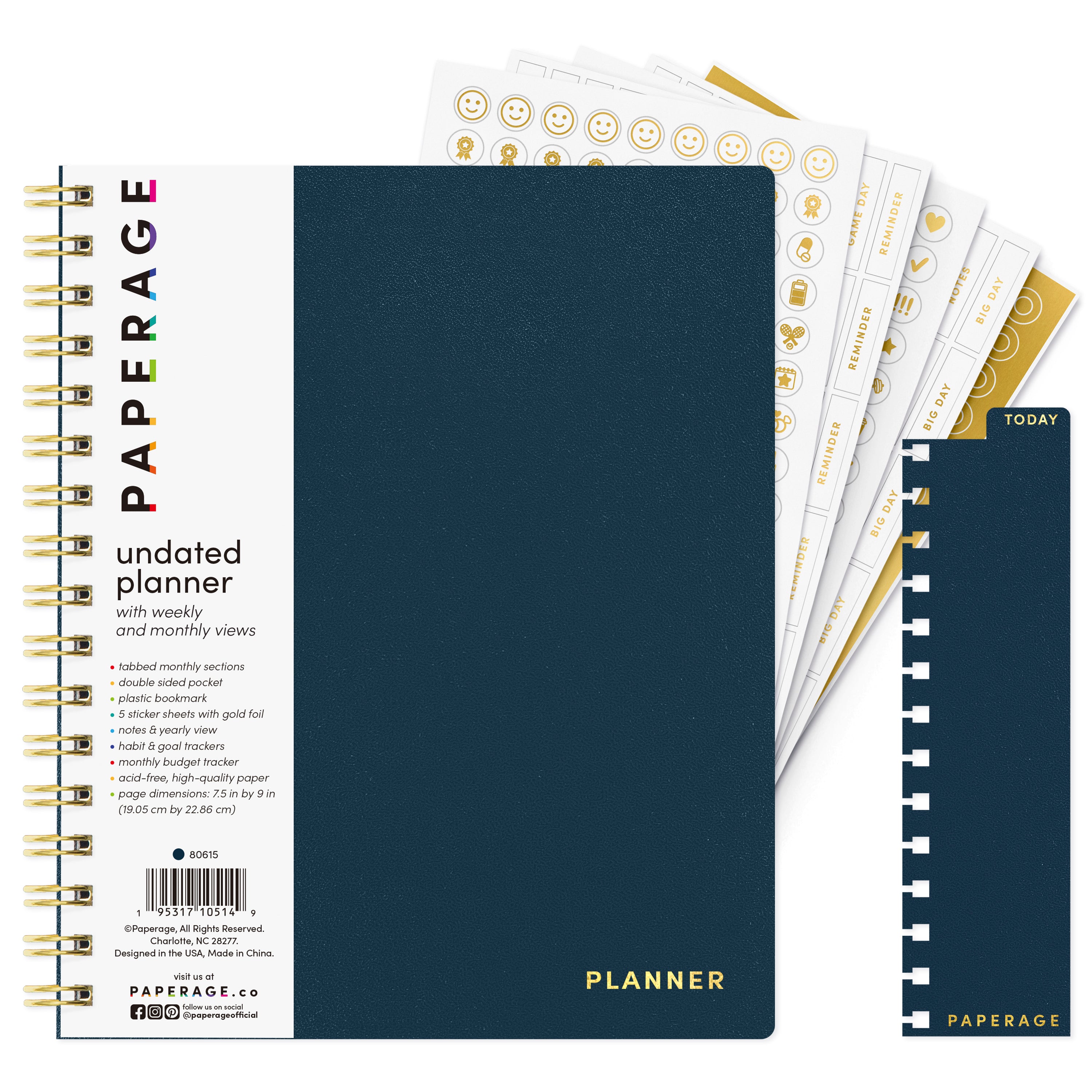Undated Weekly & Monthly Planner, Spiral Bound, Hardcover (7.5 in x 9 in)
