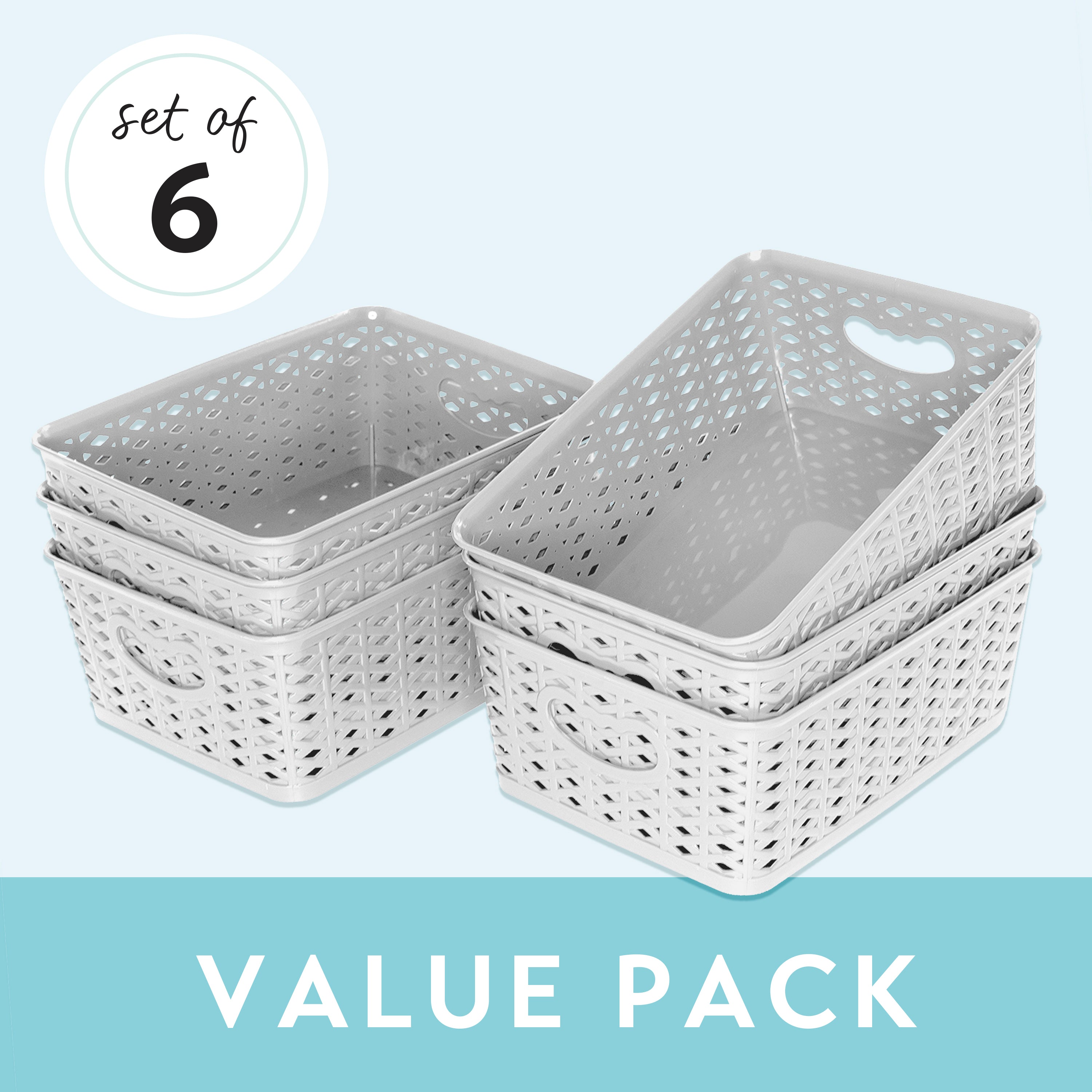 mDesign Woven Plastic Kitchen Pantry Storage Bin Basket - 6 Pack