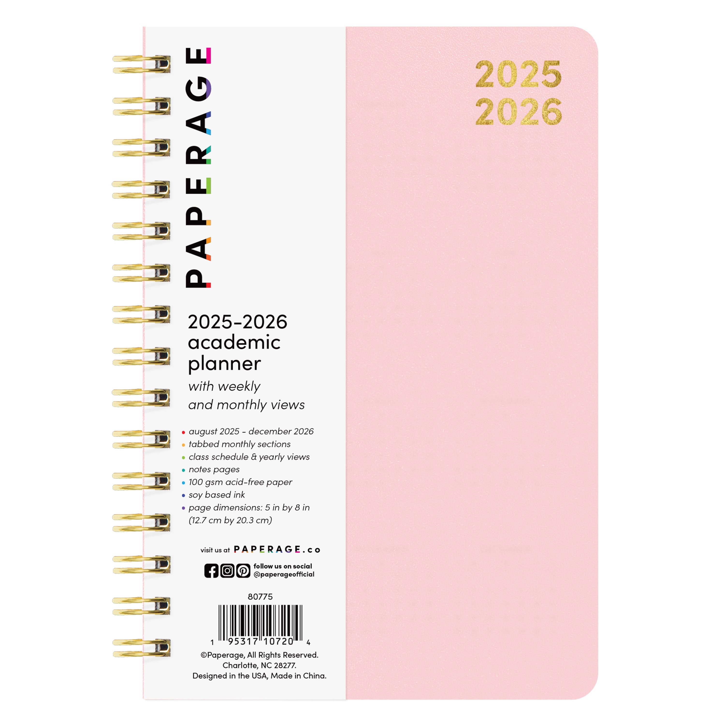 PAPERAGE 17 Month Academic Planner 2025-2026, Weekly & Monthly Spreads, August 2025 - December 2026, Small (5 in x 8 in)