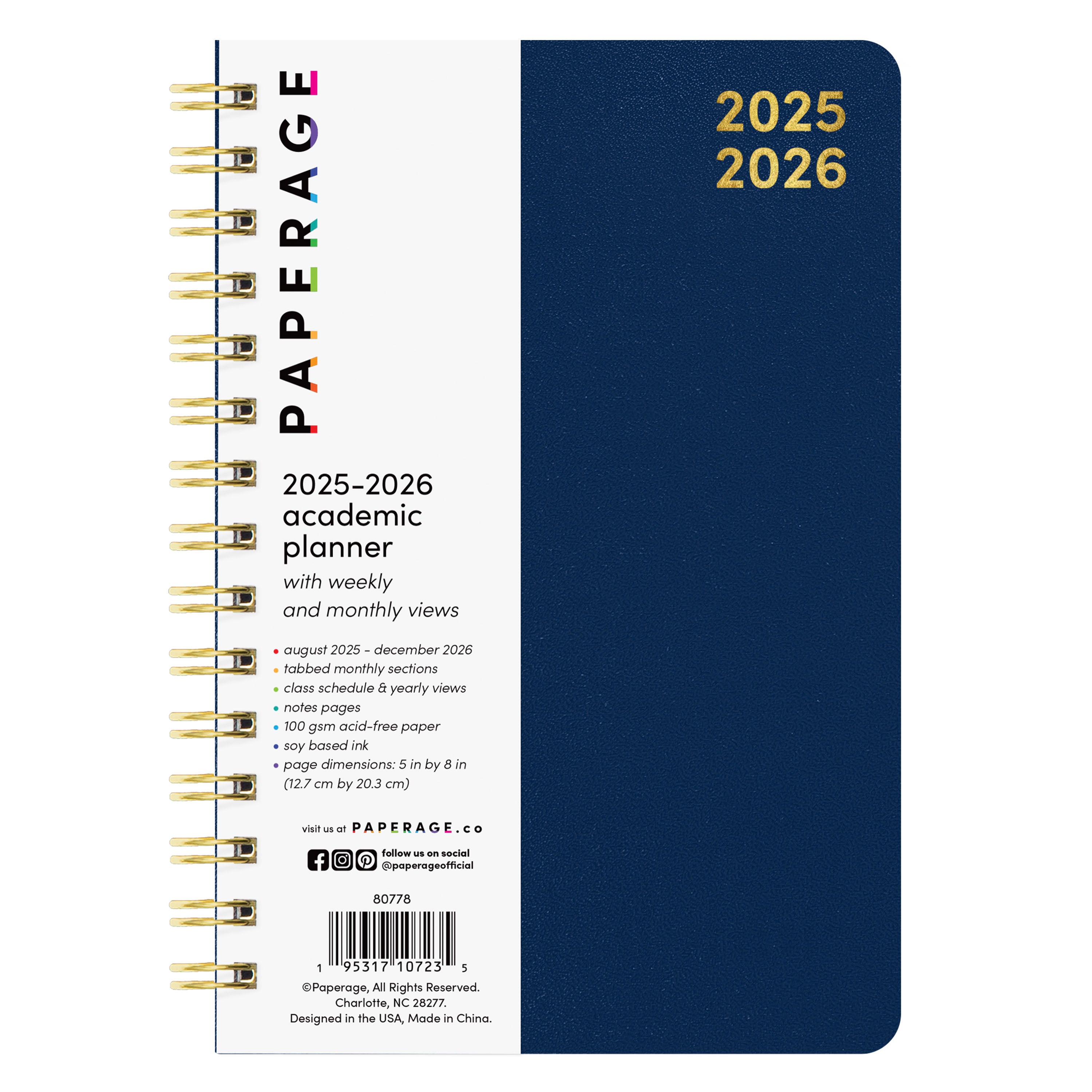 PAPERAGE 17 Month Academic Planner 2025-2026, Weekly & Monthly Spreads, August 2025 - December 2026, Small (5 in x 8 in)