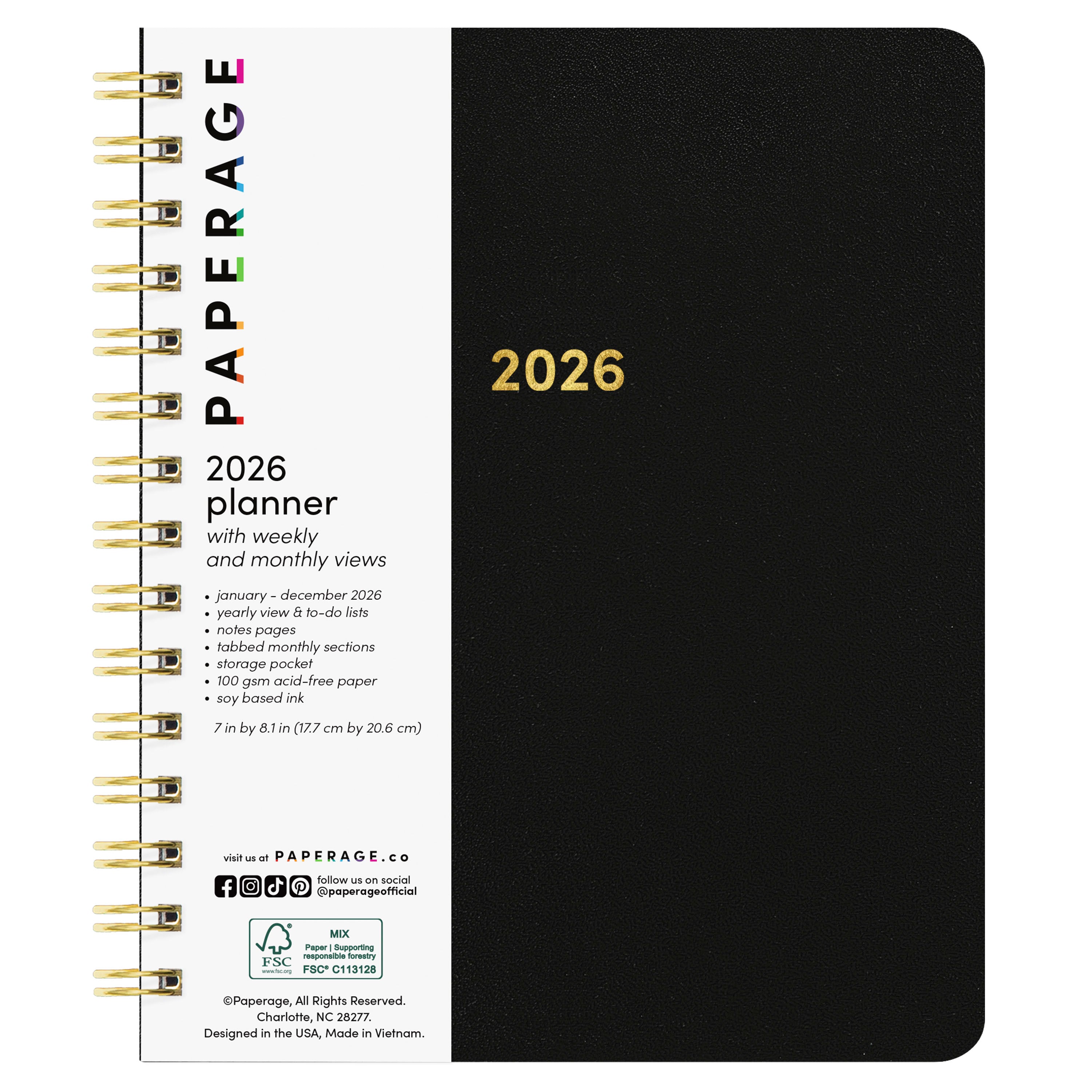 2026 Spiral Planner, Weekly & Monthly Layouts with Notes – Medium or Large Size