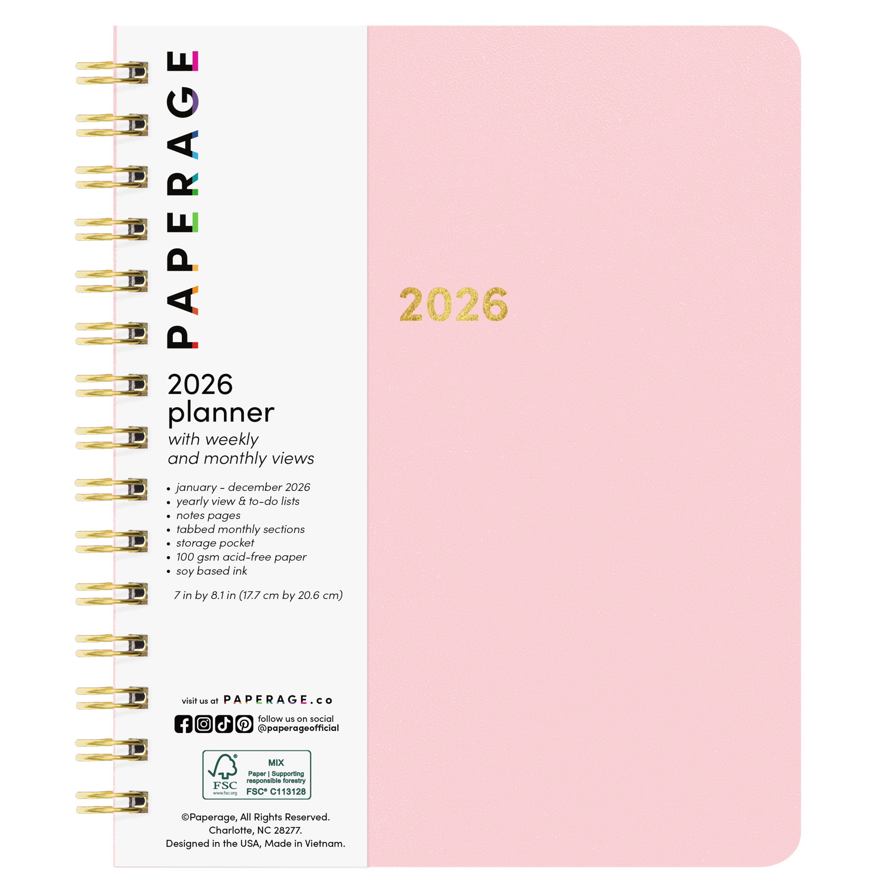 2026 Spiral Planner, Weekly & Monthly Layouts with Notes – Medium or Large Size