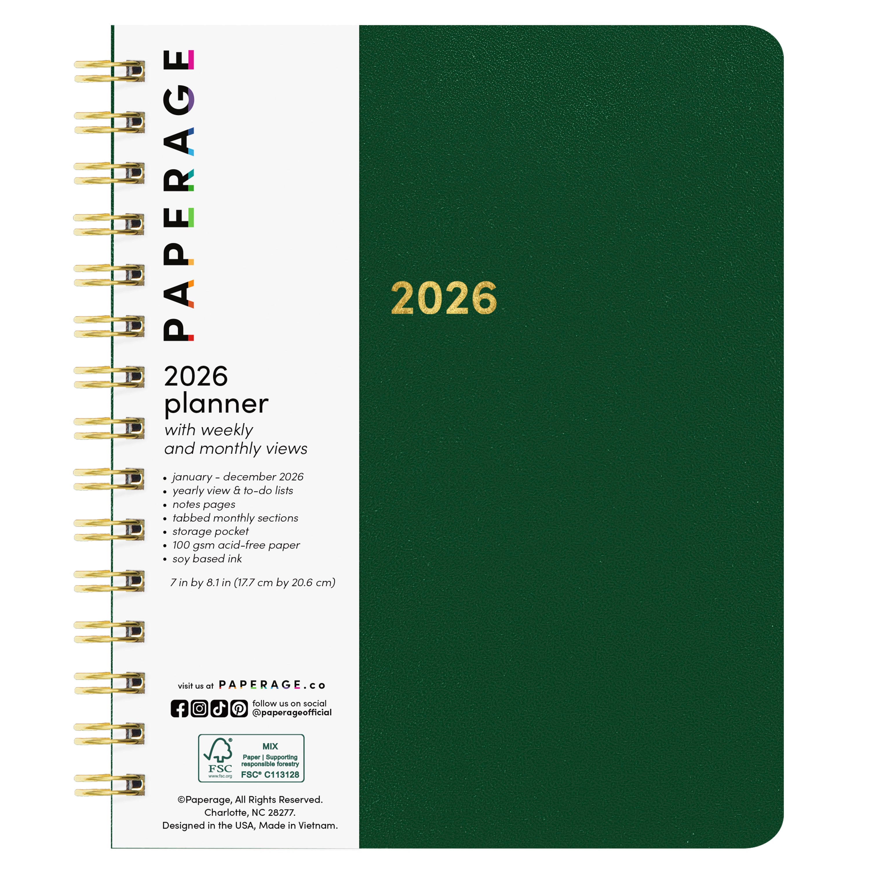 2026 Spiral Planner, Weekly & Monthly Layouts with Notes – Medium or Large Size