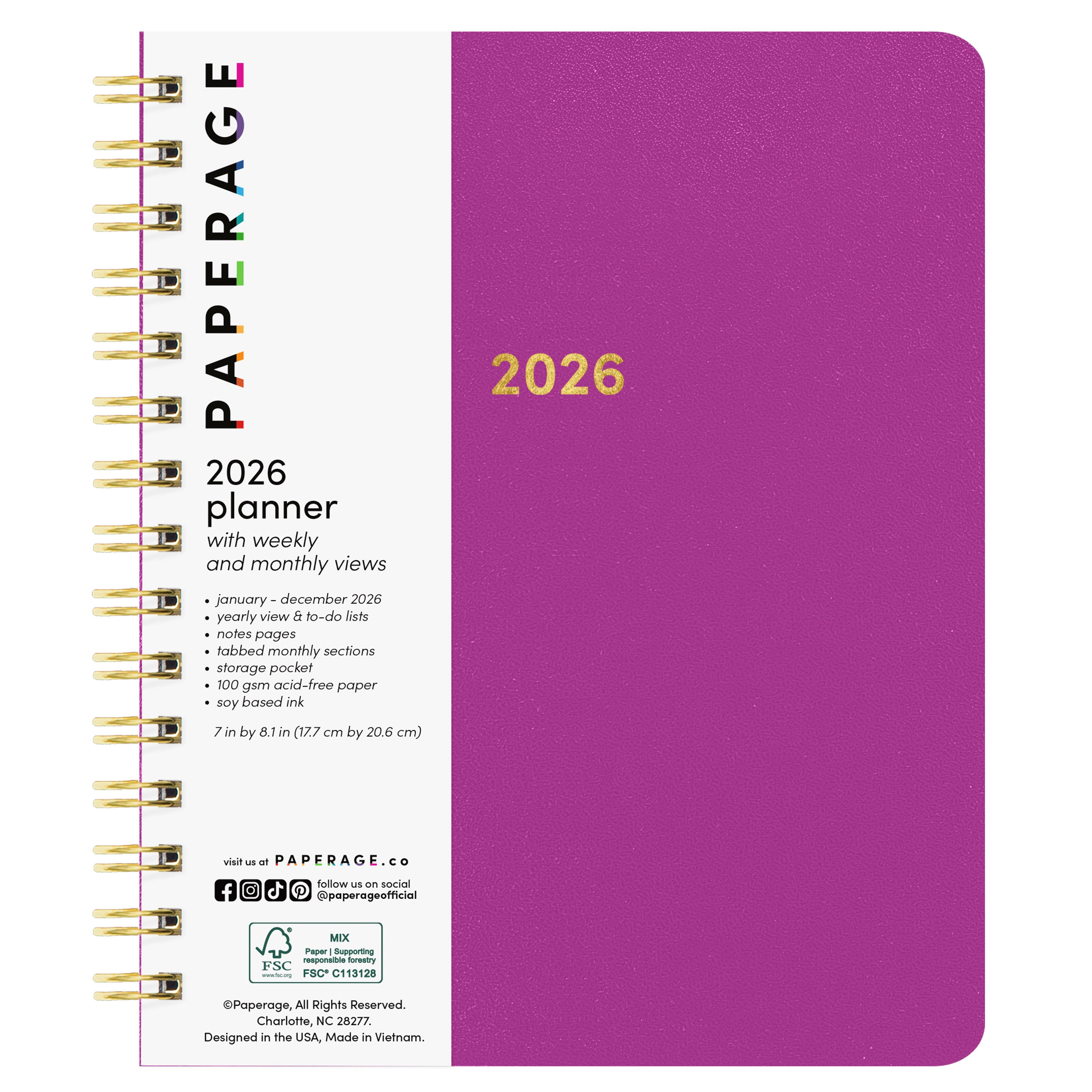2026 Spiral Planner, Weekly & Monthly Layouts with Notes – Medium or Large Size