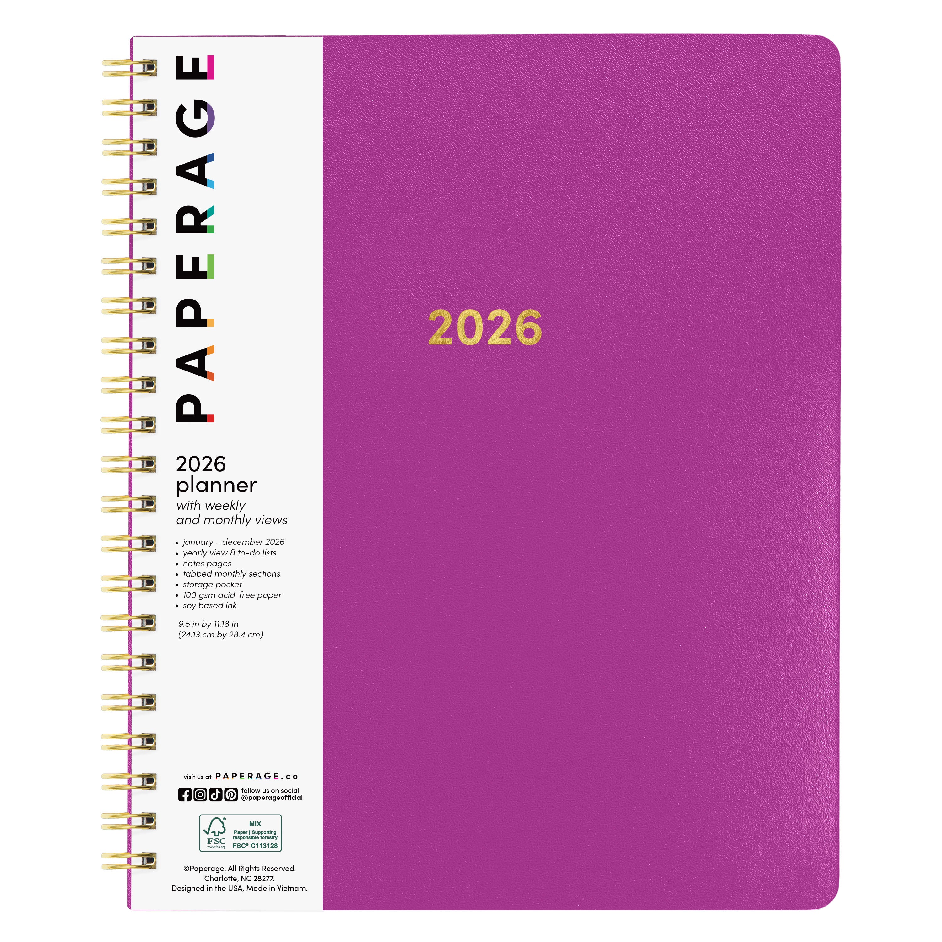 2026 Spiral Planner, Weekly & Monthly Layouts with Notes – Medium or Large Size