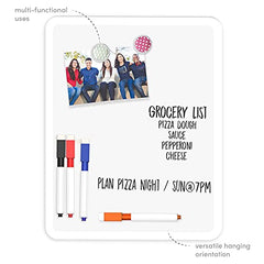 Dry erase board with grocery list and pizza night noted in marker and photo of friends attached with magnets.