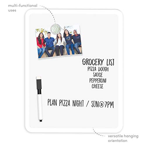 Dry erase board with grocery list and pizza night noted in marker and photo of friends attached with magnet.