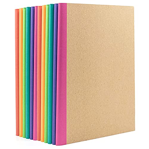 Stack of 12 composition notebooks with brightly colored spines.